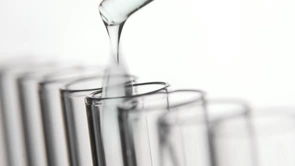 Medical Laboratory Test, Pipette Drips Transparent Chemicals Into Test Tubes