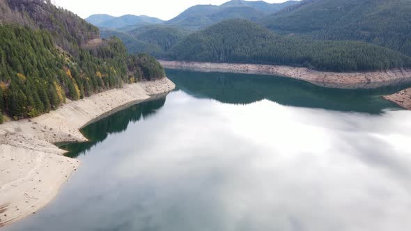 Aerial shot of a reservoir with low water levels