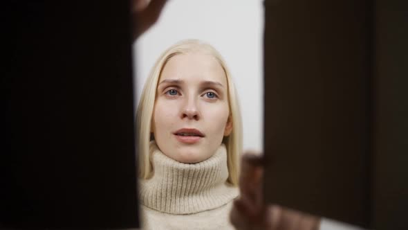 Close Up Inside of Carton Box Bottom View Woman Opens Parcel Looks at Delivered Goods Items Feels