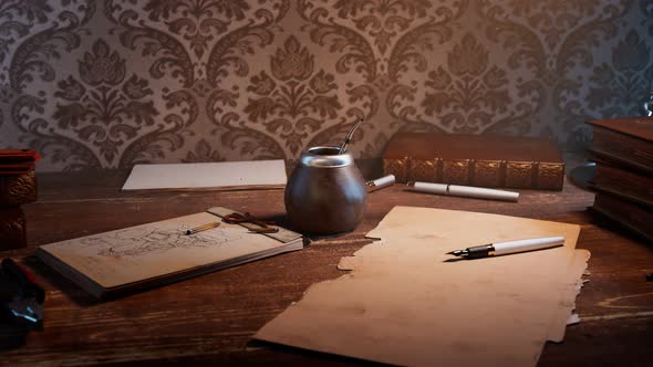 Traditional yerba mate on a vintage desk. Energy herbal drink. Gourd with straw