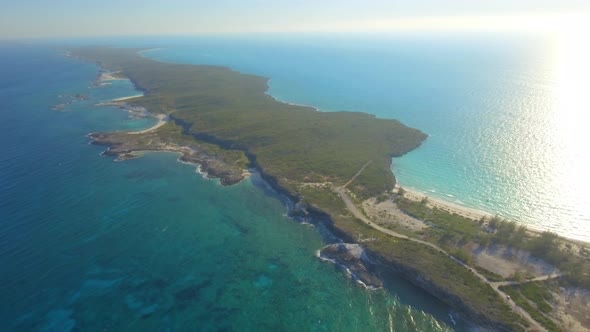 Aerial drone view of a deserted beach in the Bahamas, Caribbean. 