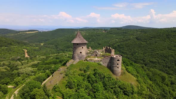 Aerial view of Somoska Castle in the village of Siatorska Bukovinka in Slovakia