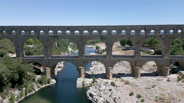 Aerial shot of The Pont du Gard, an ancient Roman aqueduct bridge in France