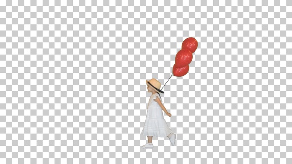 Little girl walking by with red balloons, Alpha Channel