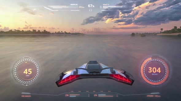 Flight over the ocean at sunset with Hud alt