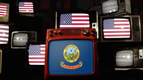 Flag of Idaho and US Flags on Retro TVs.