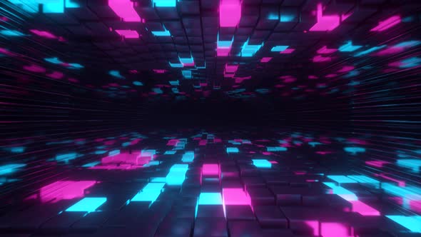 Flying in Endless Space of Neon and Metal Cubes.