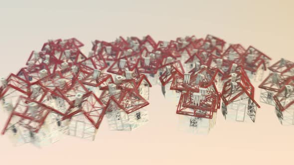 Cramped wireframe red houses transforming into an organized, clean green housing