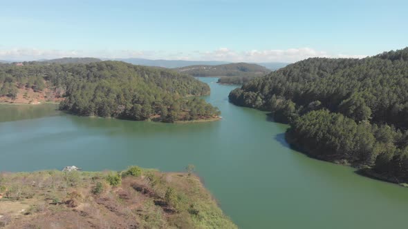 Unique aerial view of awesome Tuyen Lam Lake Da Lat plateau Vietnam forest hill highlands farmland c