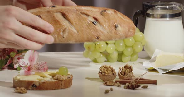 Put A Loaf Of Fresh Bread On The Table For Breakfast