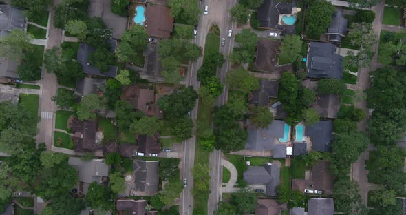 Birds eye view of affluent neighborhood in Houston, Texas