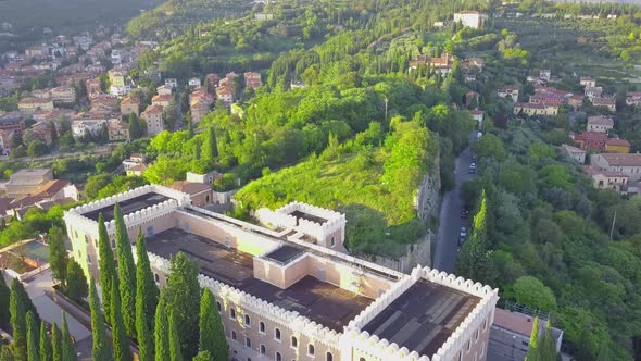 Panorama of Verona historical city centre, bridges across Adige river. Castel San Pietro and park.