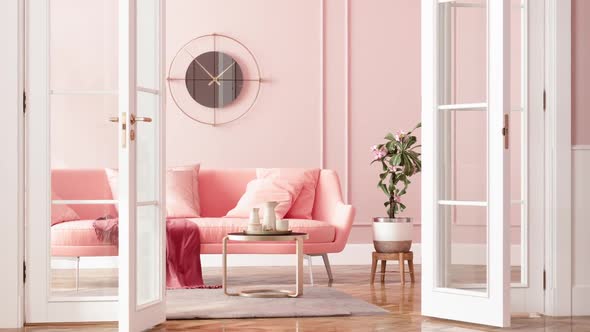 Entrance Of Living Room With Pink Sofa, Potted Plant And Coffee Table