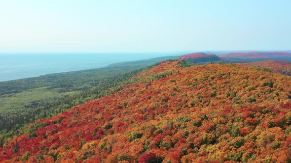 Vast forest with changing fall colors landscape with rolling hills and lake shoreline on the horizon