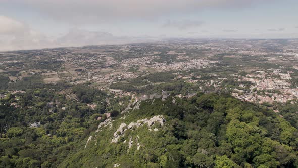 Castle of the Moors, medieval castle in Santa Maria e Sao Miguel, Sintra. Panoramic aerial view
