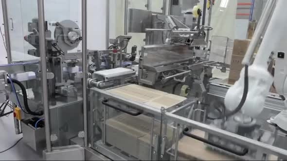 Automatic Robot Arm Assembly Line Manufacturing Advanced High Technology.