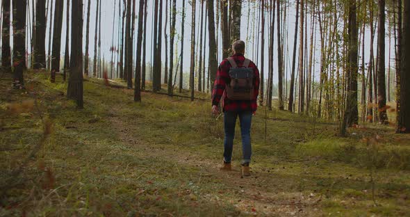 A Young Man Walks Uphill From the Forest in Autumn in Slow Motion with a Backpack. A Hipster Man in