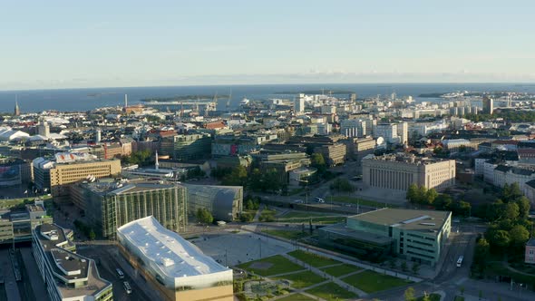 Slow aerial pan above Helsinki, Finland with Parliament Building in view.