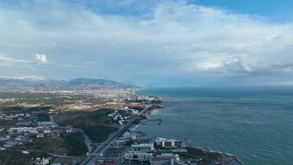 Colorful Panorama sunset over the city Aerial View 4 K Alanya Turkey