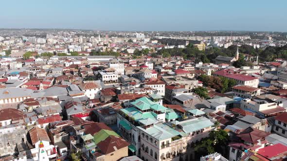 Aerial View of Stone Town Zanzibar City Slum Roofs and Poor Streets Africa