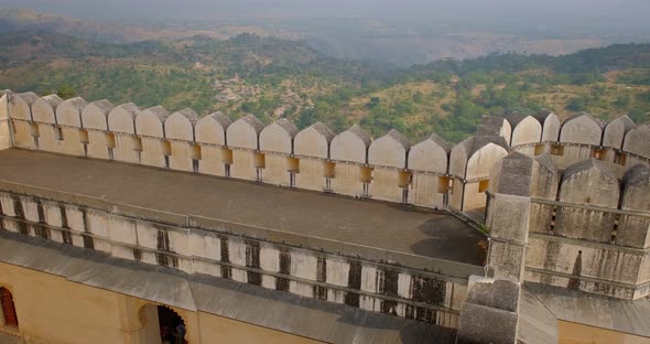 Ramparts of Great Famous Historic Indian Kumbhalgarh Fort. View of Old Fortress Ancient Walls on