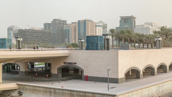 View of the Doha City in Front of the Museum of Islamic Art Evening Timelapse in the Qatari Capital