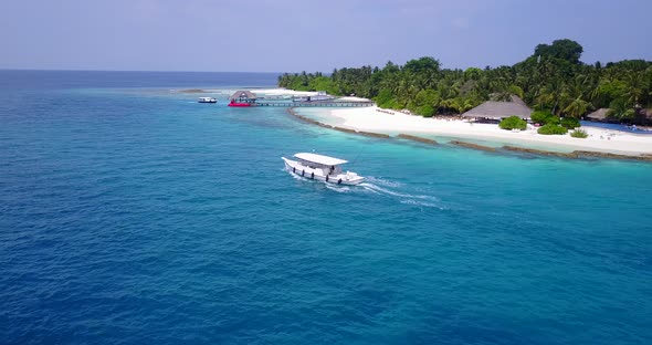 Daytime birds eye copy space shot of a summer white paradise sand beach and turquoise sea background