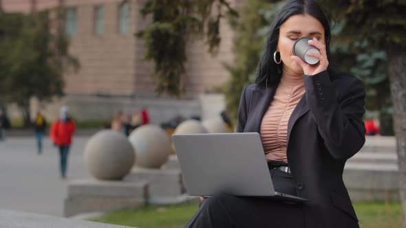 Closeup Young Businesswoman Sitting in City Outdoors Girl Student Freelancer Working Studying on
