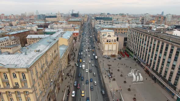 Aerial View of Traffic on Tverskaya Street Near the Moscow Kremlin