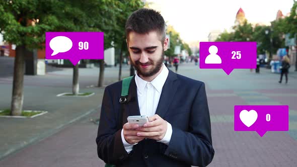 Social Notification Icons Next To a Man Using a Smartphone