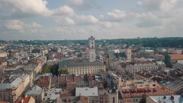 Aerial Drone Footage of European City Lviv, Ukraine, Flight Above Popular Ancient Part of Old Town