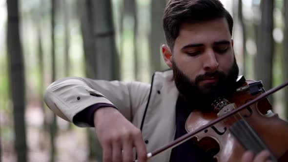 Male Violinist is Playing Romantic Song By Old Violin in Forest Bearded Handsome Musician