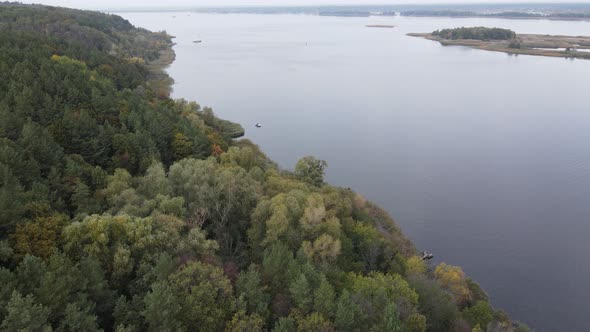 Beautiful Aerial View of the River Dnipro. Ukraine, Slow Motion