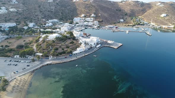 Port of the island of Ios in the Cyclades in Greece seen from the sky