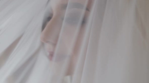 Face of Beautiful and Lovely Bride in Night Gown Under the Veil. Wedding