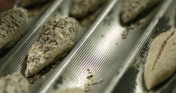 Bakery - Baker Putting The Dough With Multigrain Seeds On The Baguette Tray.  - close up shot