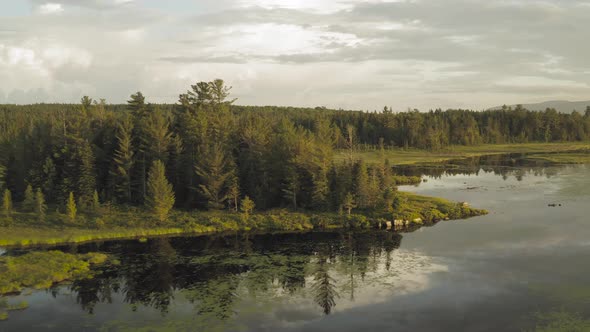 Shirley Bog sunset aerial wilderness landscape, Pulling back shot