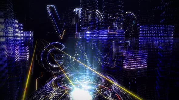 Hologram. Video Games appears in Center. Virtual Blue City. Digital Buildings alt