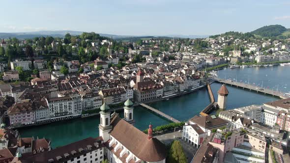 Flying over the centre of Lucerne city, Switzerland