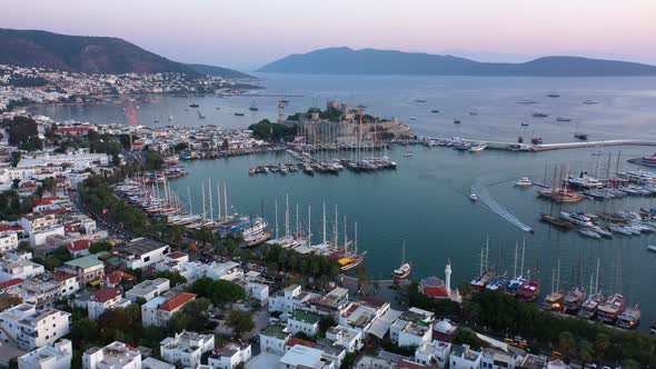 Aerial Panoramic View of Bodrum City Harbor and Castle