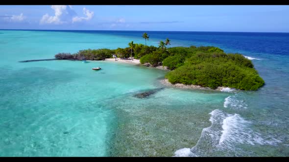 Aerial drone shot panorama of marine sea view beach time by shallow sea and white sandy background o