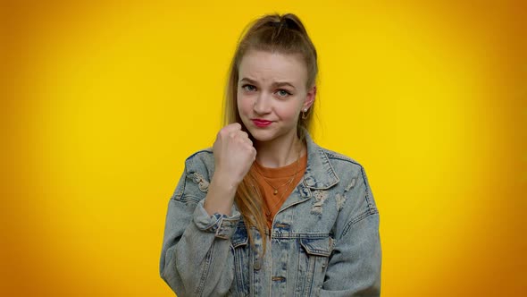 Aggressive Angry Girl Trying to Fight at Camera Shaking Fist Boxing with Expression Punishment