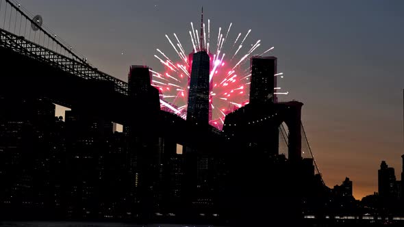 Fireworks Over Downtown Manhattan New York City of Fireworks and Starry Sky City Blurred Lights