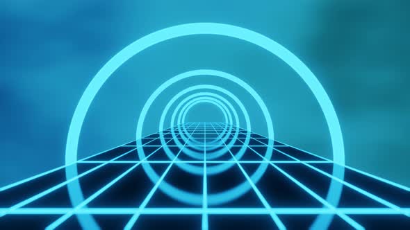 Abstract Retro Synthwave Blue Grid Road with Arcade and Fog 3d Render