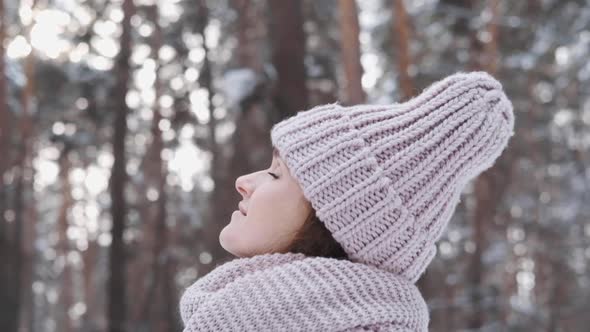 Closeup Portrait Attractive Girl Looking Up Enjoying Forest Nature