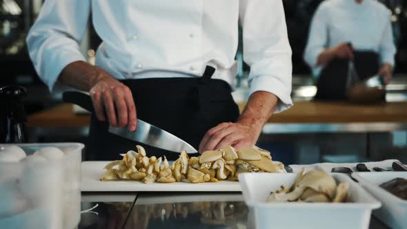 Professional kitchen, close-up: The chef cuts mushrooms, prepares a delicious dish in the restaurant