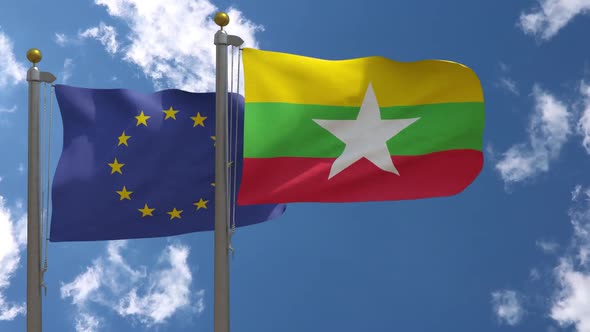 European Union Flag Vs Myanmar Flag On Flagpole