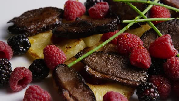 Rotating - smoked duck bacon with grilled pineapple, raspberries, blackberries and honey 