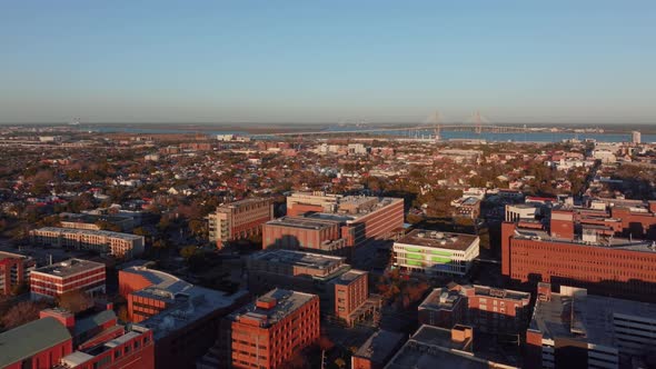 Flying over downtown Charleston near Arthur Ravenel Jr. Bridge