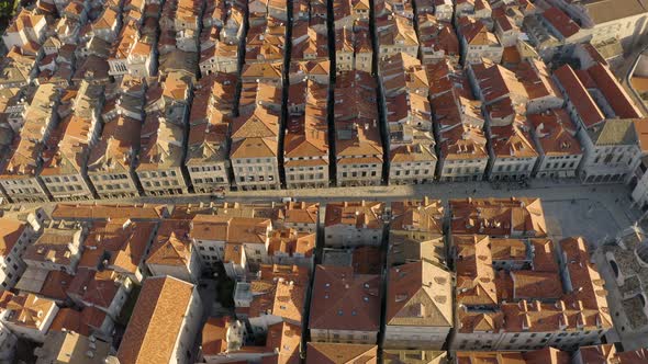 Aerial view above of Dubrovnik old town rooftop, Croatia.